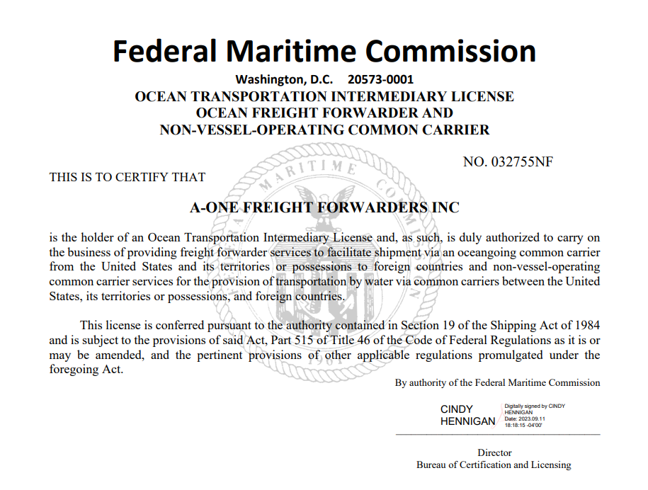 A-One Freight Forwarders Certificate